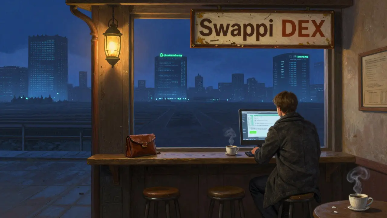 Empty coffee shop with &#039;Swappi DEX&#039; sign, lone user on desktop as distant DEX giants loom