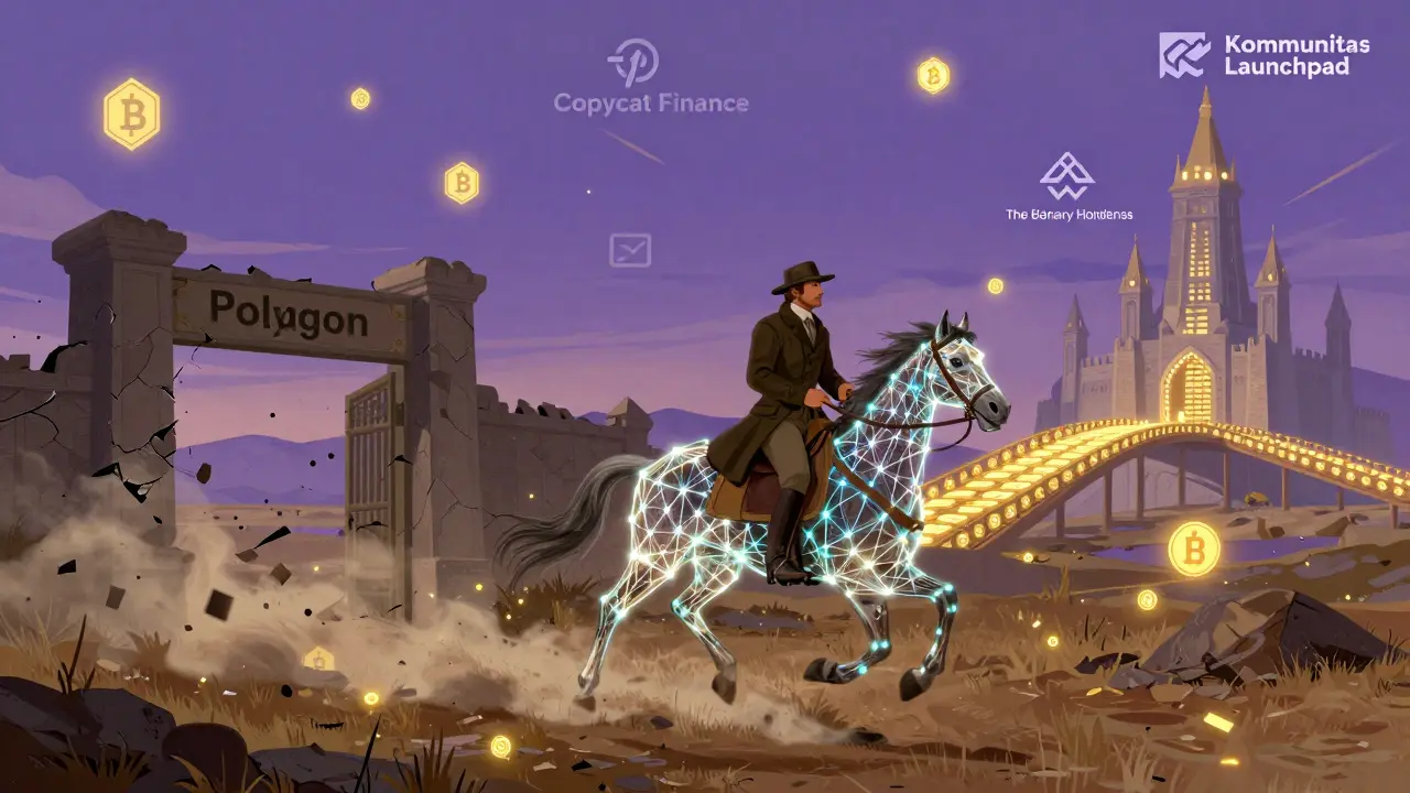 Explorer on a digital horse riding across a frontier toward a golden bridge labeled &#039;Kommunitas Launchpad.&#039;
