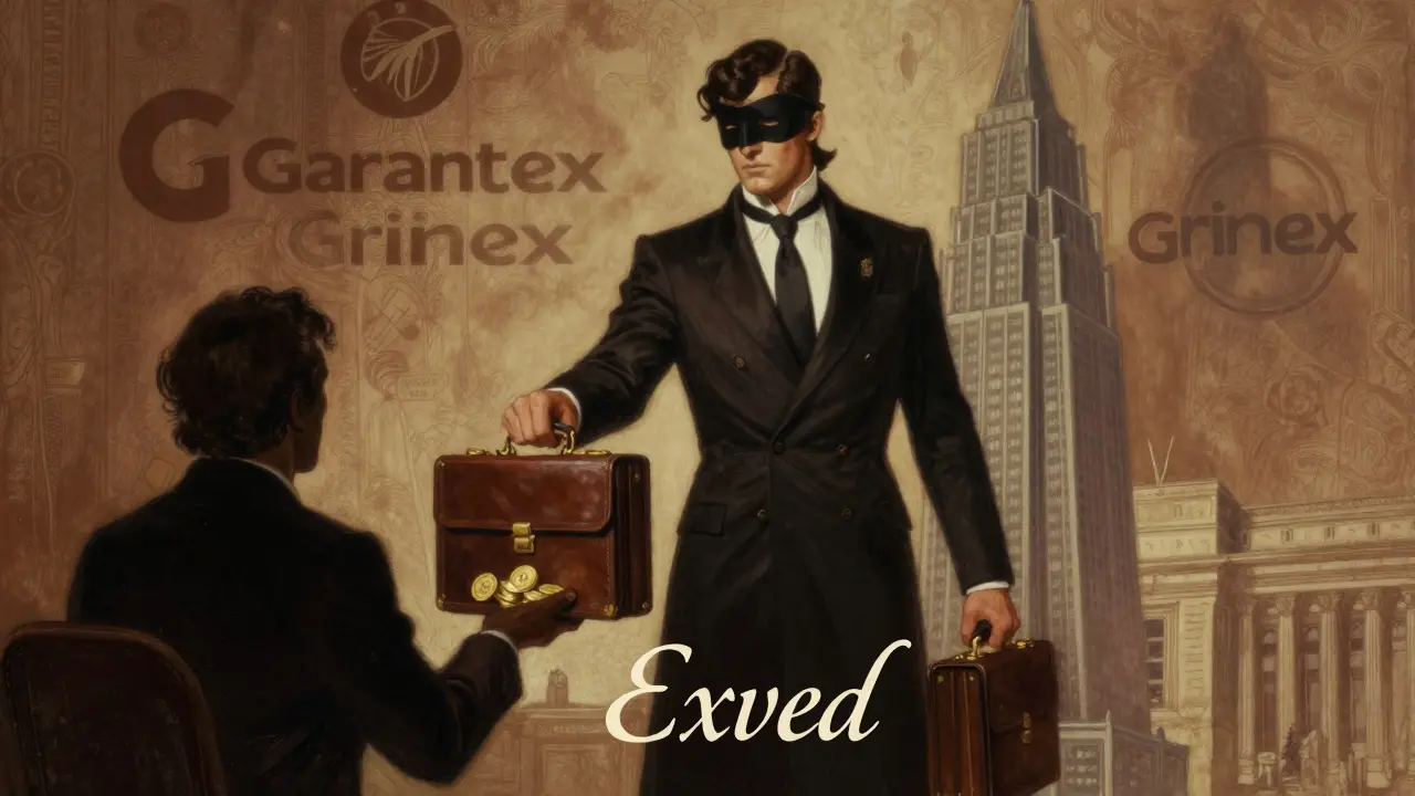 Exved&#039;s masked figure delivers crypto tokens in a Moscow tower, with Garantex and Grinex ghosts fading on the wall.