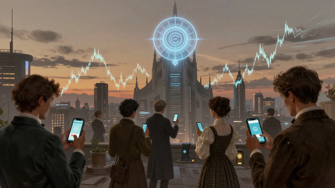 Futuristic city with citizens using mobile crypto apps beneath a massive Saros logo tower.