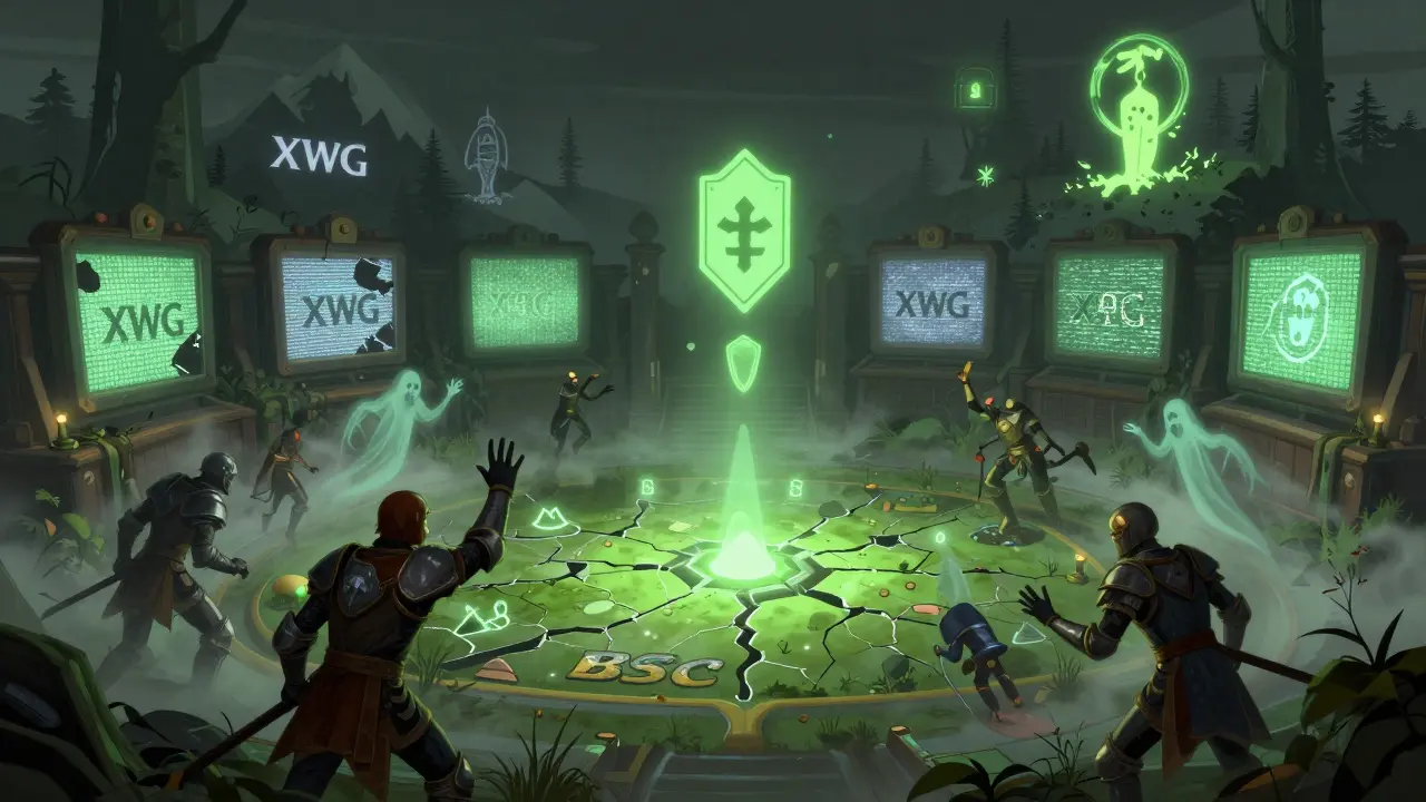 Ghostly figures reach for fading tokens in an overgrown gaming arena under a broken blockchain map.