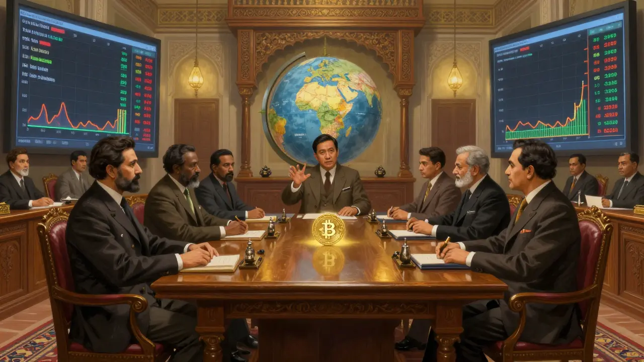 Government officials in a council chamber with Bitcoin charts and global mining zones.
