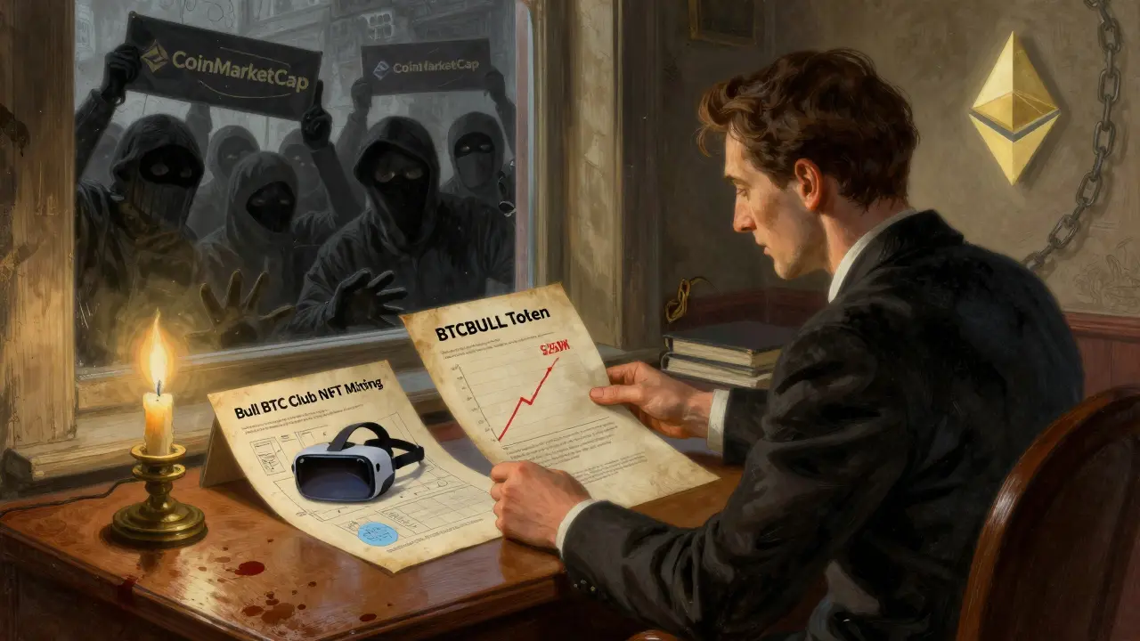 Investor comparing NFT mining and BTCBULL token docs by candlelight, scammers trying to break in as blockchain glows on the wall.