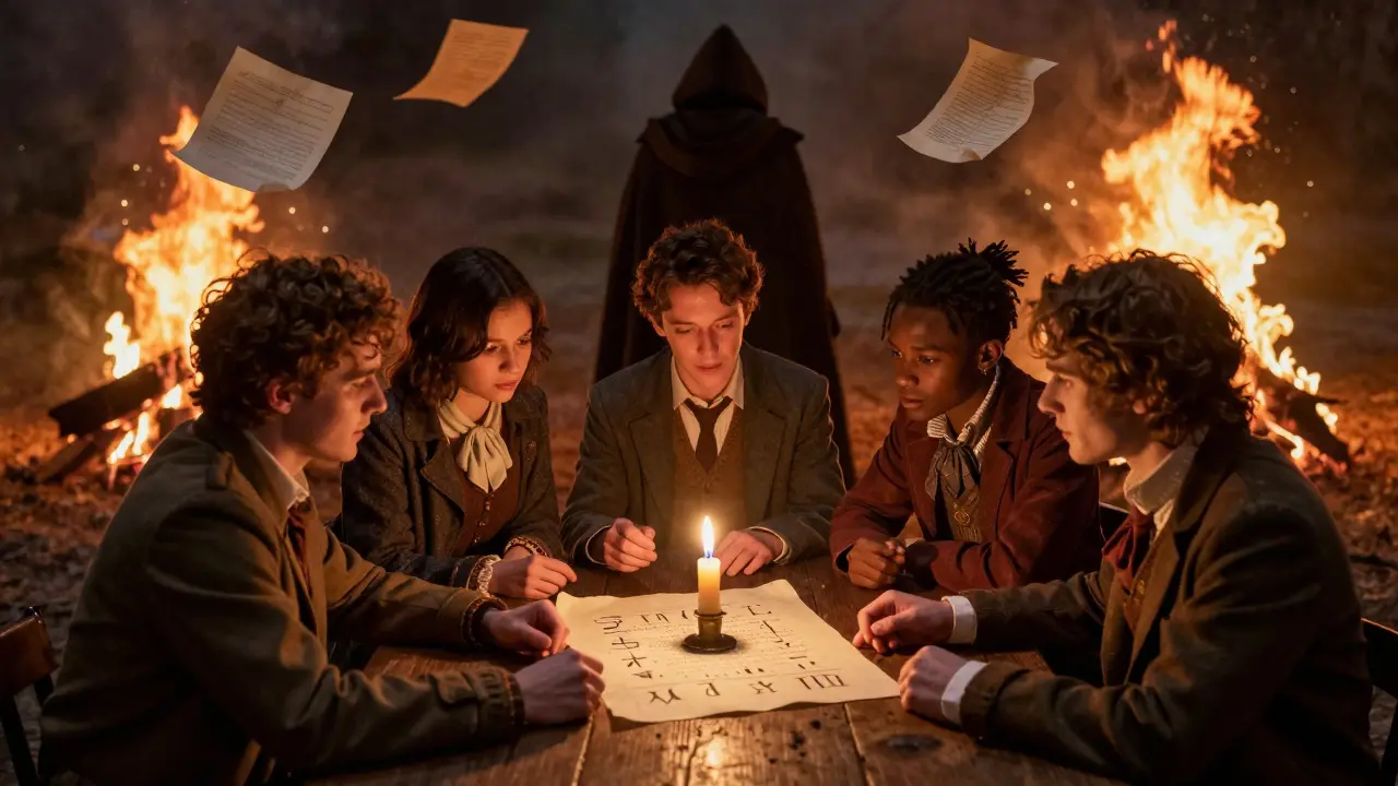 Investors gathered around a candlelit table, staring at a blank parchment as a shadowy figure walks away.