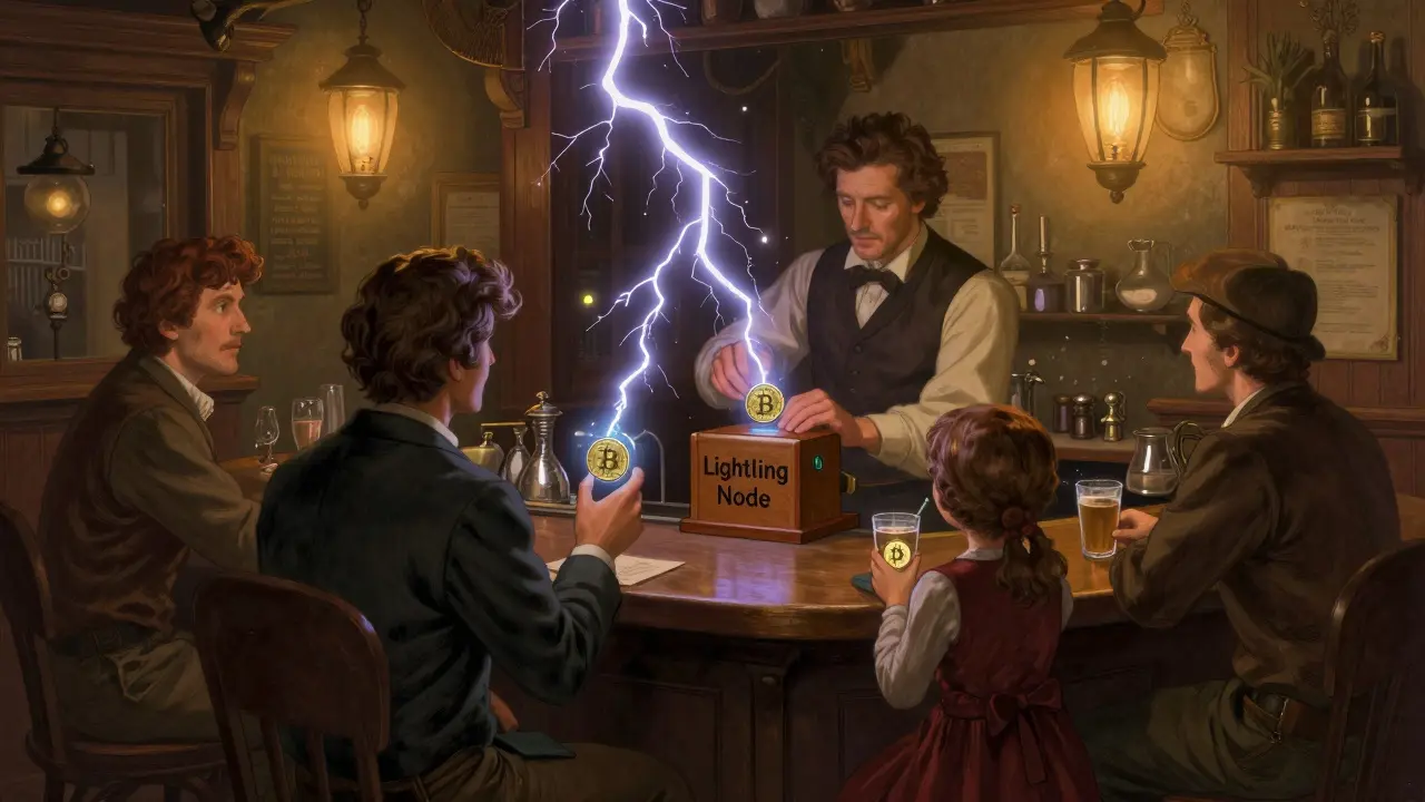 Patrons in 1890s attire pay for coffee with glowing Bitcoin tokens that vanish in lightning flashes, illuminated by gaslamp light.