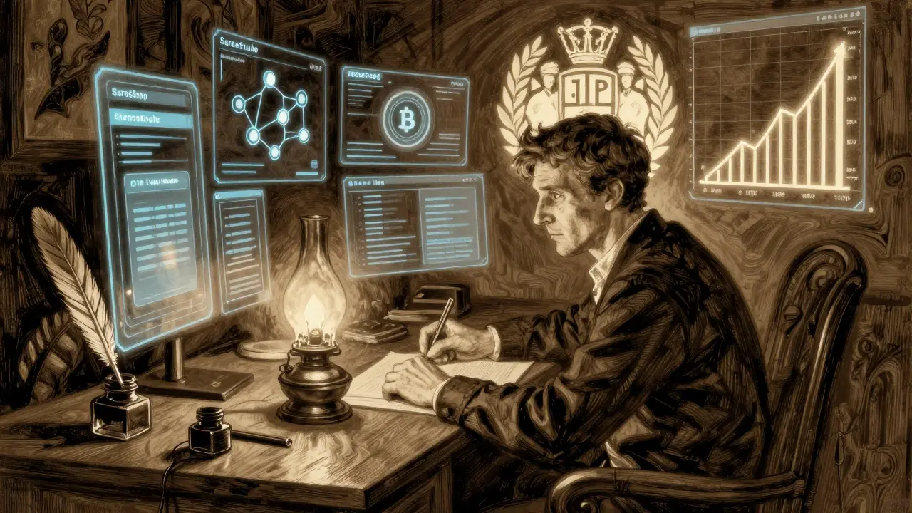 Pioneer at a wooden desk studies holographic Saros platform panels under oil lamp light.