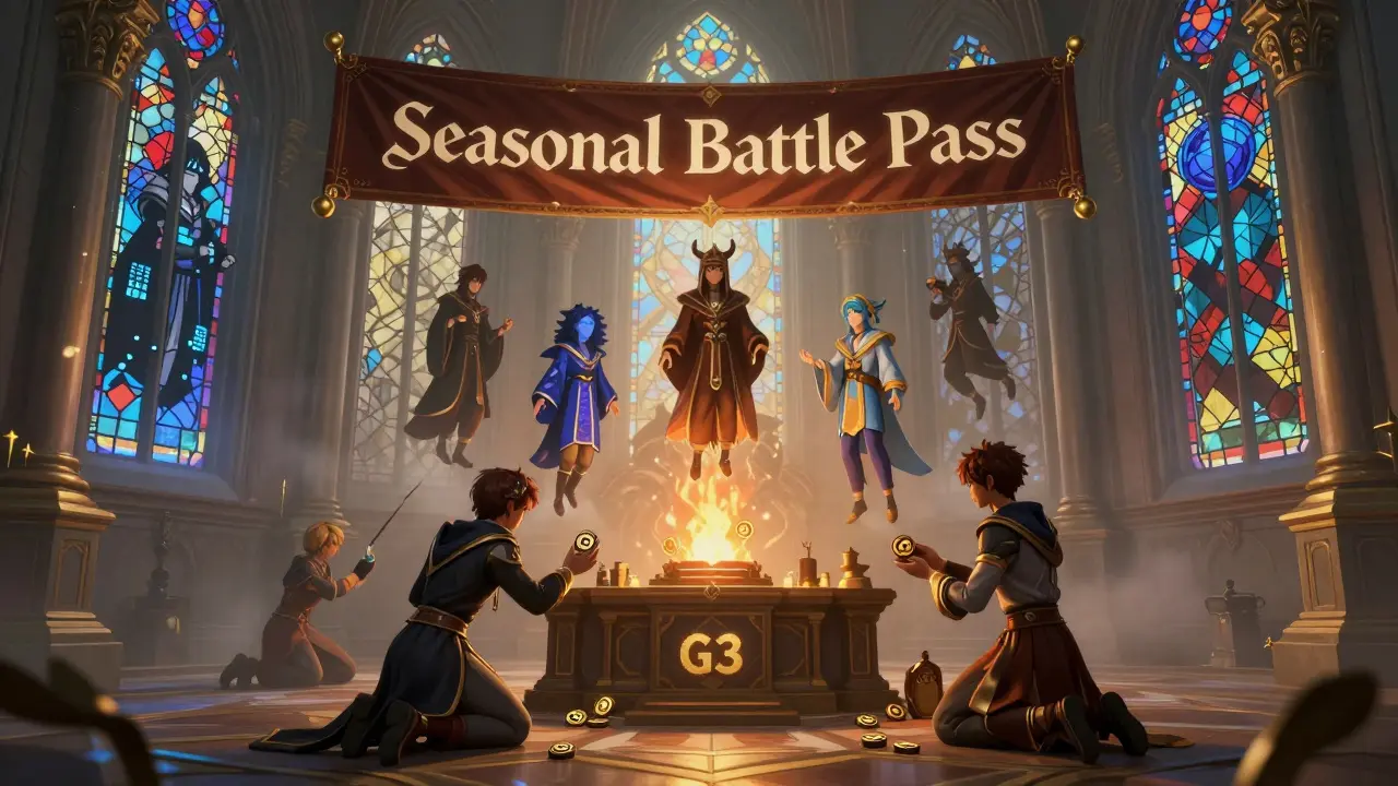 Players offer G3 tokens at a sacred altar, with spectral NFT avatars floating above in a misty digital cathedral.