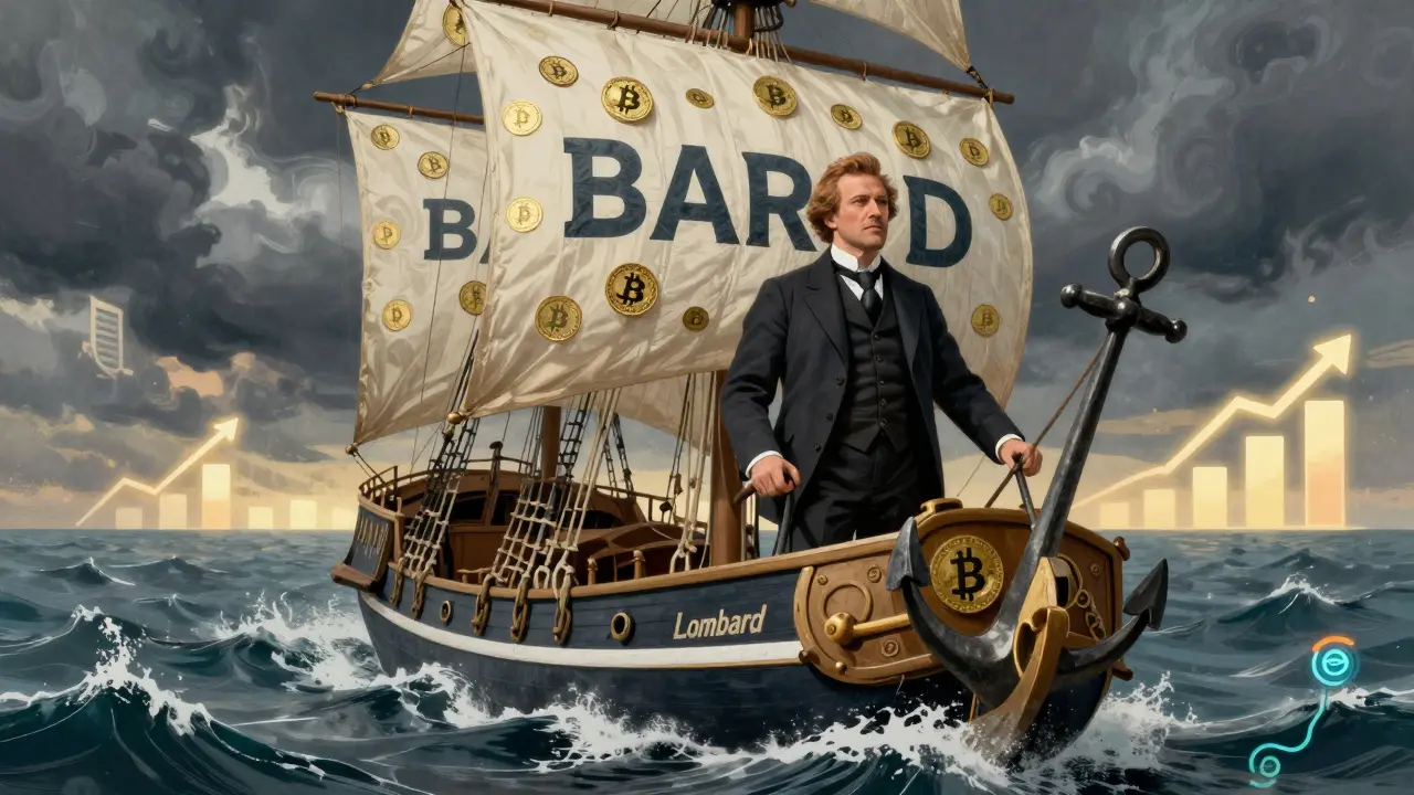 Retail investor steering steam-powered Lombard ship across crypto charts, sails made of BARD tokens.