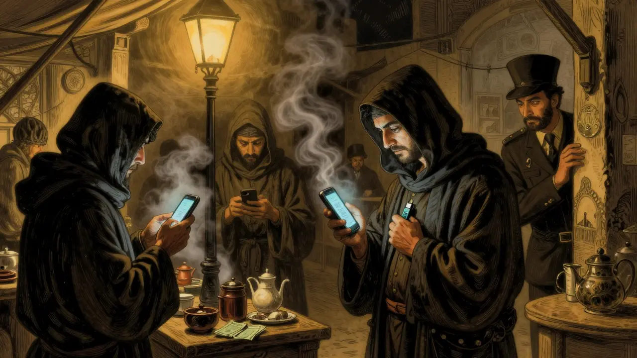 Secret crypto trades at night in Cairo, figures exchanging cash under a streetlamp while a bank inspector watches.