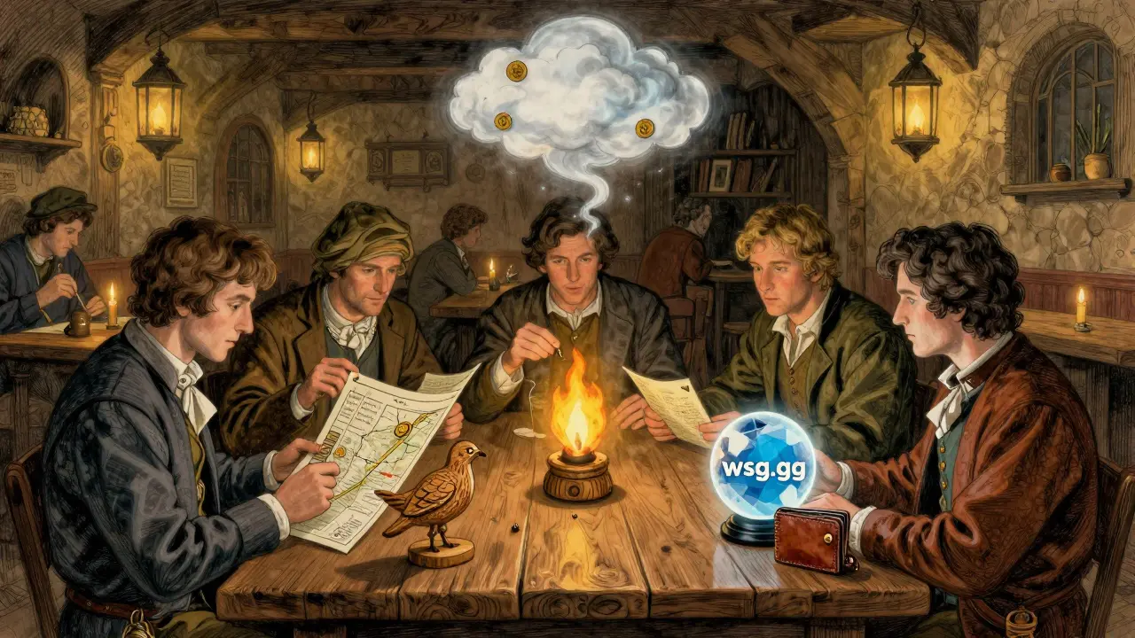 Six players in historical clothing complete airdrop tasks around a wooden table with glowing digital elements.