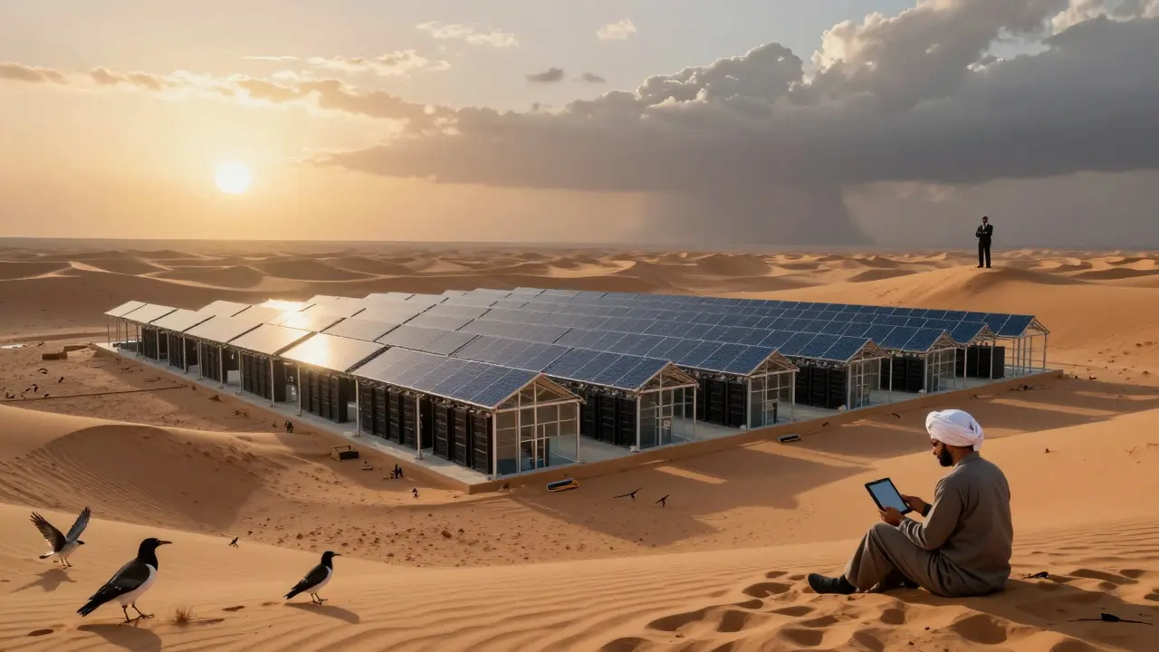 Solar data center in desert at dawn, engineer checking tablet as storm gathers.