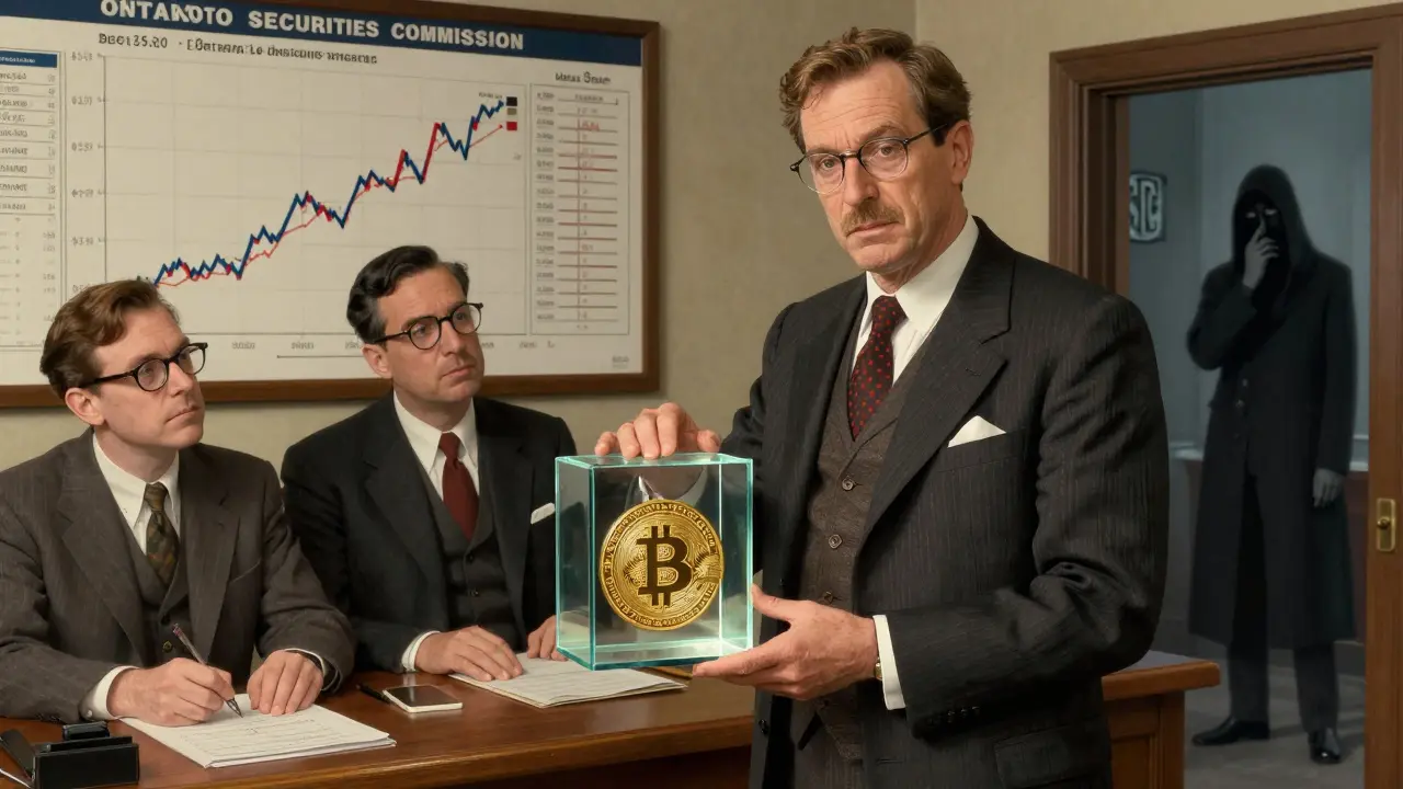 Som Seif presents a Bitcoin block to regulators as U.S. SEC watches from afar, in Howard Pyle&#039;s illustrative style.