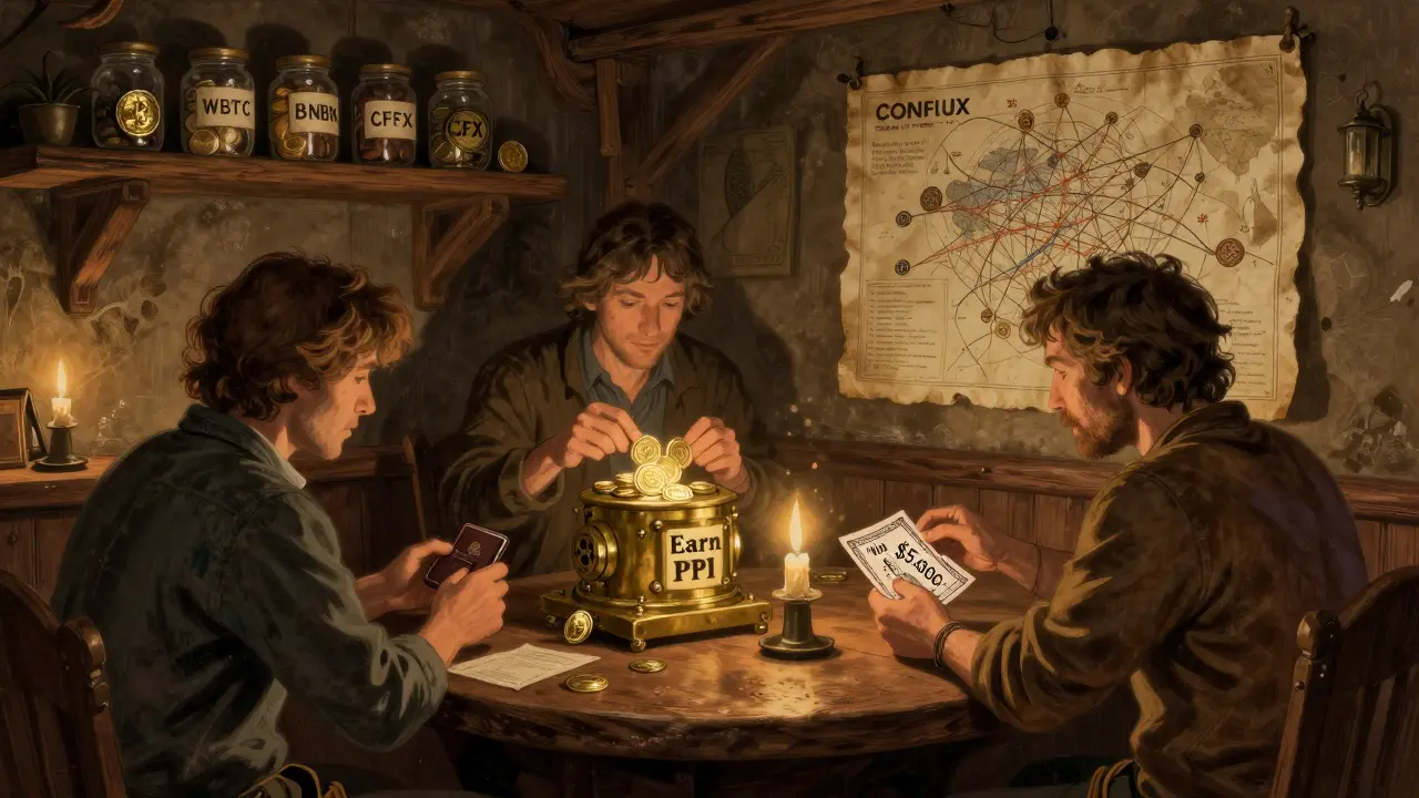 Three figures in a rustic tavern trading tokens and buying a lottery ticket