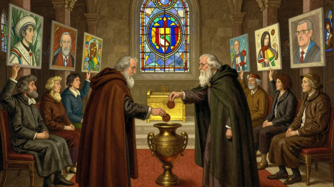 Token holders voting in a grand hall, with glowing treasury chest and floating NFT art under a stained-glass emblem.