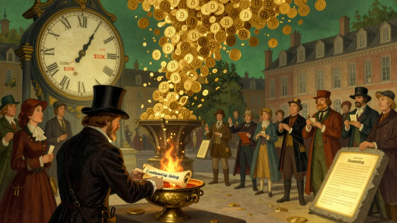 Town square with citizens receiving golden BTCBULL tokens as Bitcoin's price hits 0K, under a clock showing milestones.