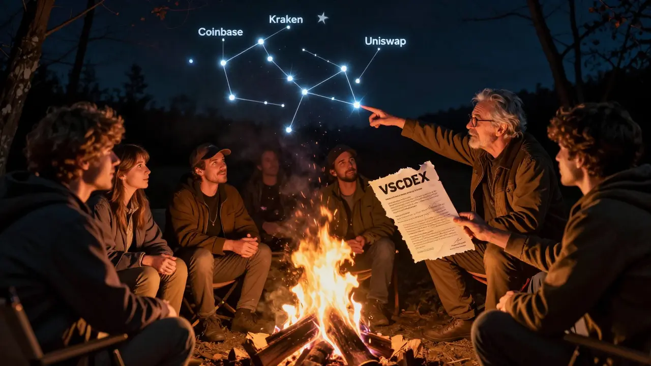 Traders gather around a campfire, one pointing to glowing trusted exchanges as VSCDEX fades into darkness like a dying star.