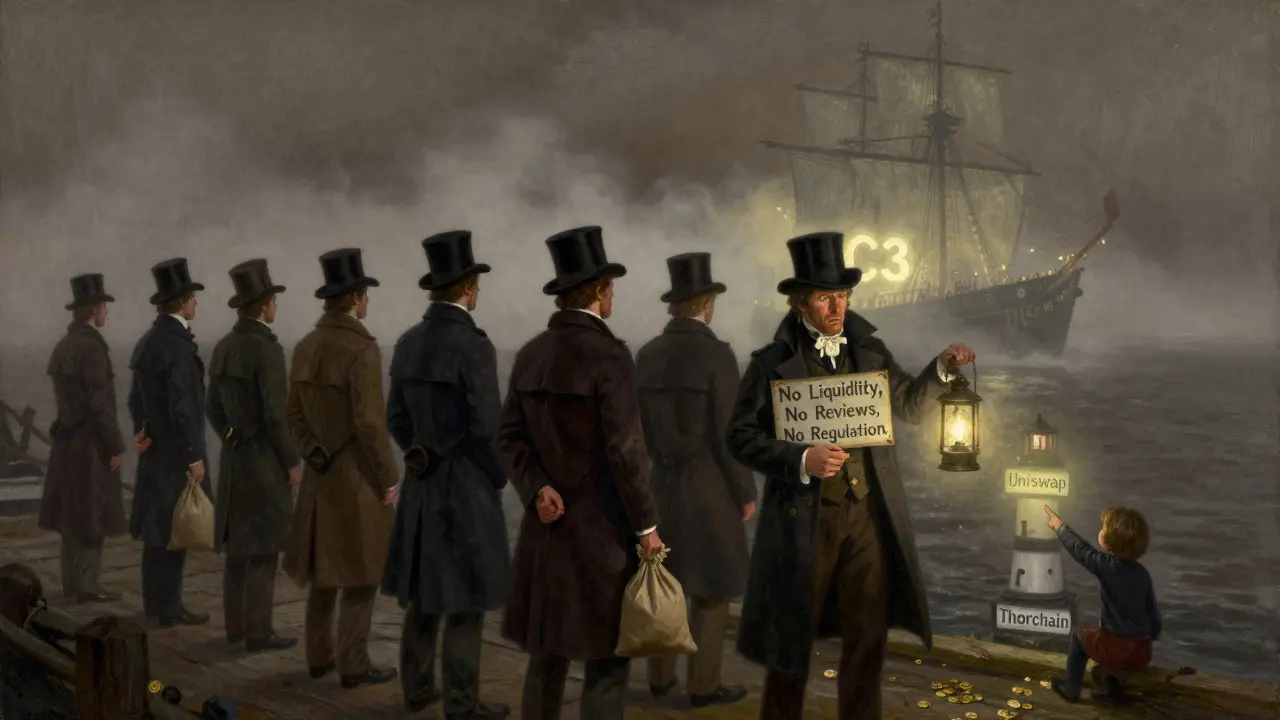 Traders watch a fog-shrouded ship labeled C3 sail away, while safer alternatives glow on shore.