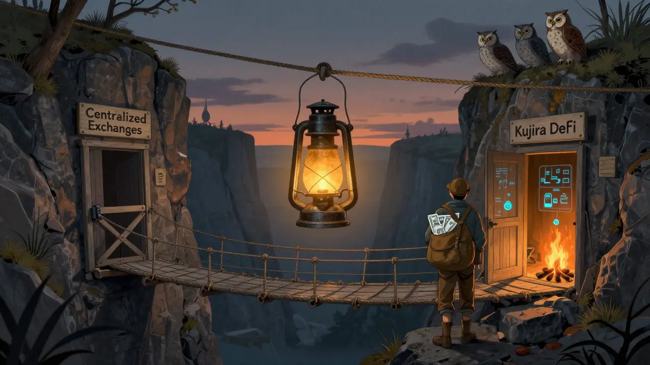 Traveler crossing bridge to Kujira DeFi as centralized exchanges fade behind.