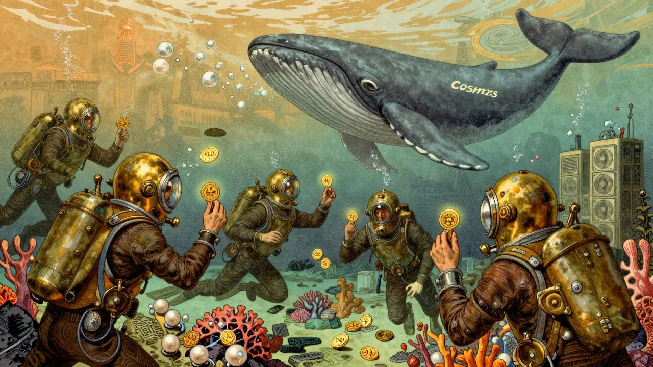 Underwater DeFi city with divers trading KUJI coins among blockchain coral.