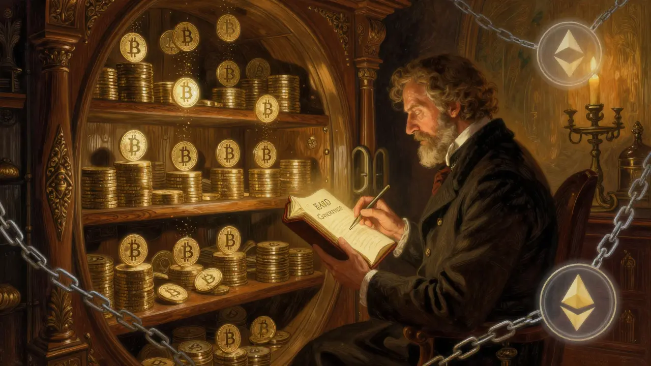 Victorian scholar in candlelit vault surrounded by floating LBTC tokens and BARD governance ledger.