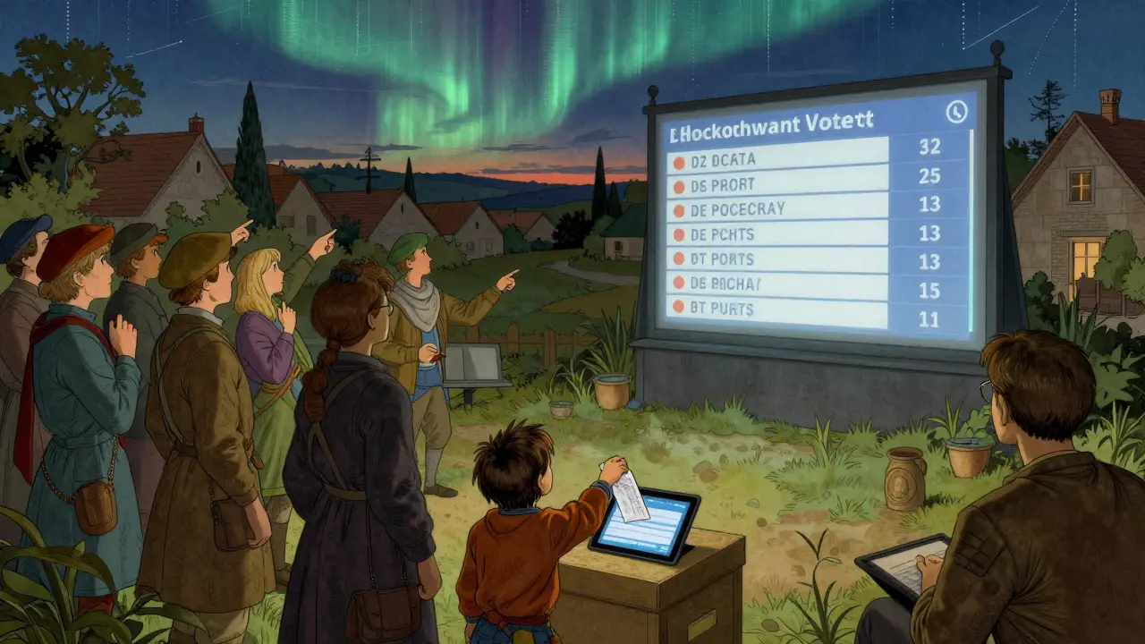 Villagers watching a real-time blockchain vote count beside a traditional ballot box at dusk.