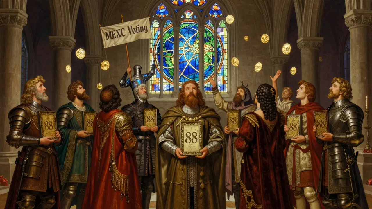 88 figures in medieval attire holding unique NFT tablets under a stained-glass globe being woven into digital chains.