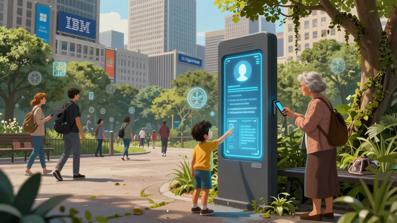A child and elder share a digital identity portal in a park, with faint identity sigils glowing in the air around passing citizens.