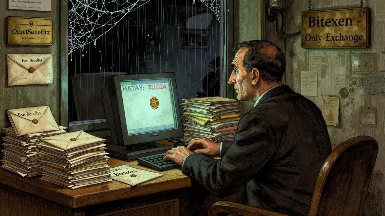 A clerk at a Turkish exchange stares at a flickering screen showing HATAY's low price, surrounded by unused fan benefits.