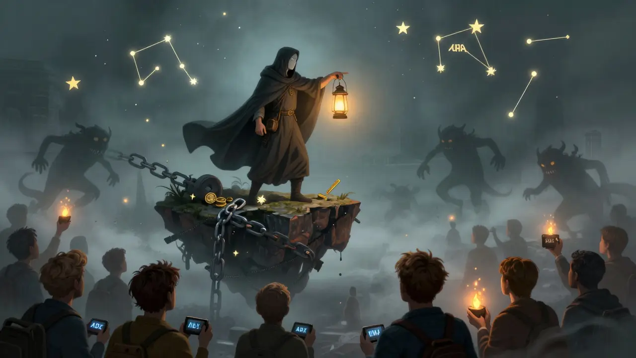 A cloaked AI navigator guides Web3 explorers toward airdrop stars, with ADX tokens glowing in the air.