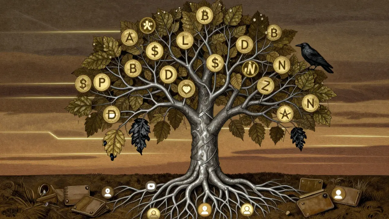 A dead blockchain tree with one blackened DPLN leaf, surrounded by decayed wallets and silent social icons.