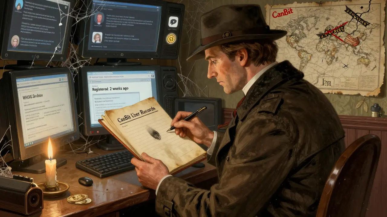 A detective examines a blank ledger labeled CanBit, with broken screens showing fake testimonials in a shadowy room.