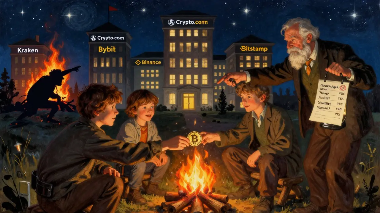 A family passes a Bitcoin coin by a campfire, pointing away from a burning scam site toward five secure crypto exchanges.