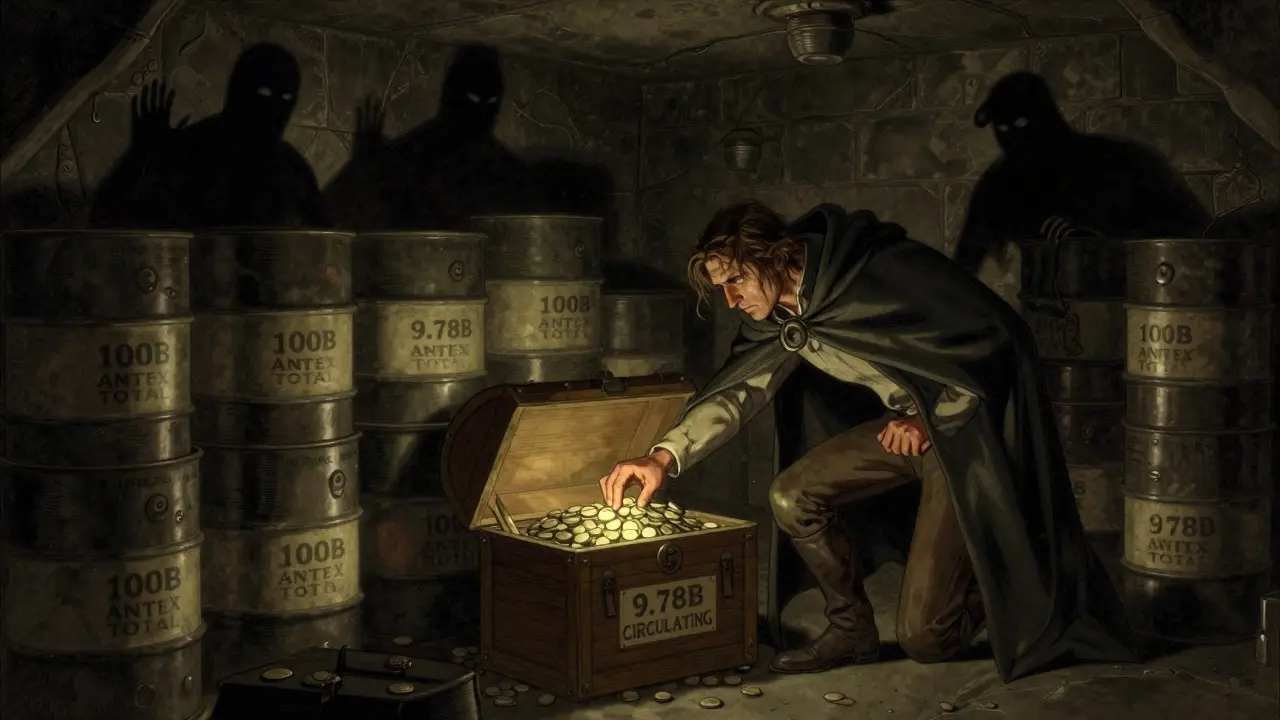 A figure reaches into a glowing chest labeled 9.78B circulating tokens amid towering barrels of 100B total supply in a dim vault.