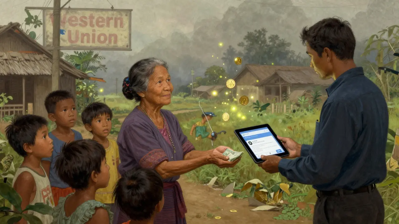 A grandmother in the Philippines receives cash from a stablecoin transaction at a local agent kiosk.