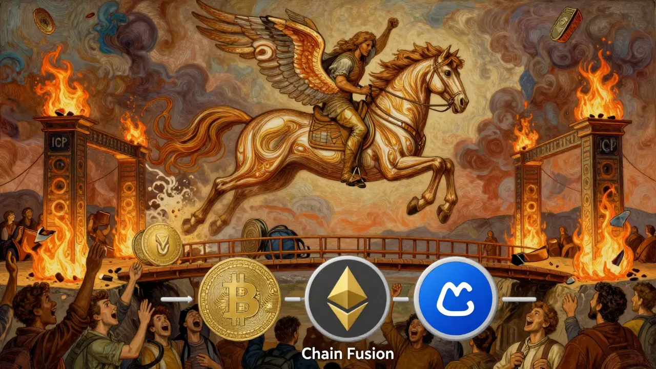 A hero on a token-winged horse leaps over burning gas tollgates, crossing a bridge linking major blockchains to the Internet Computer.