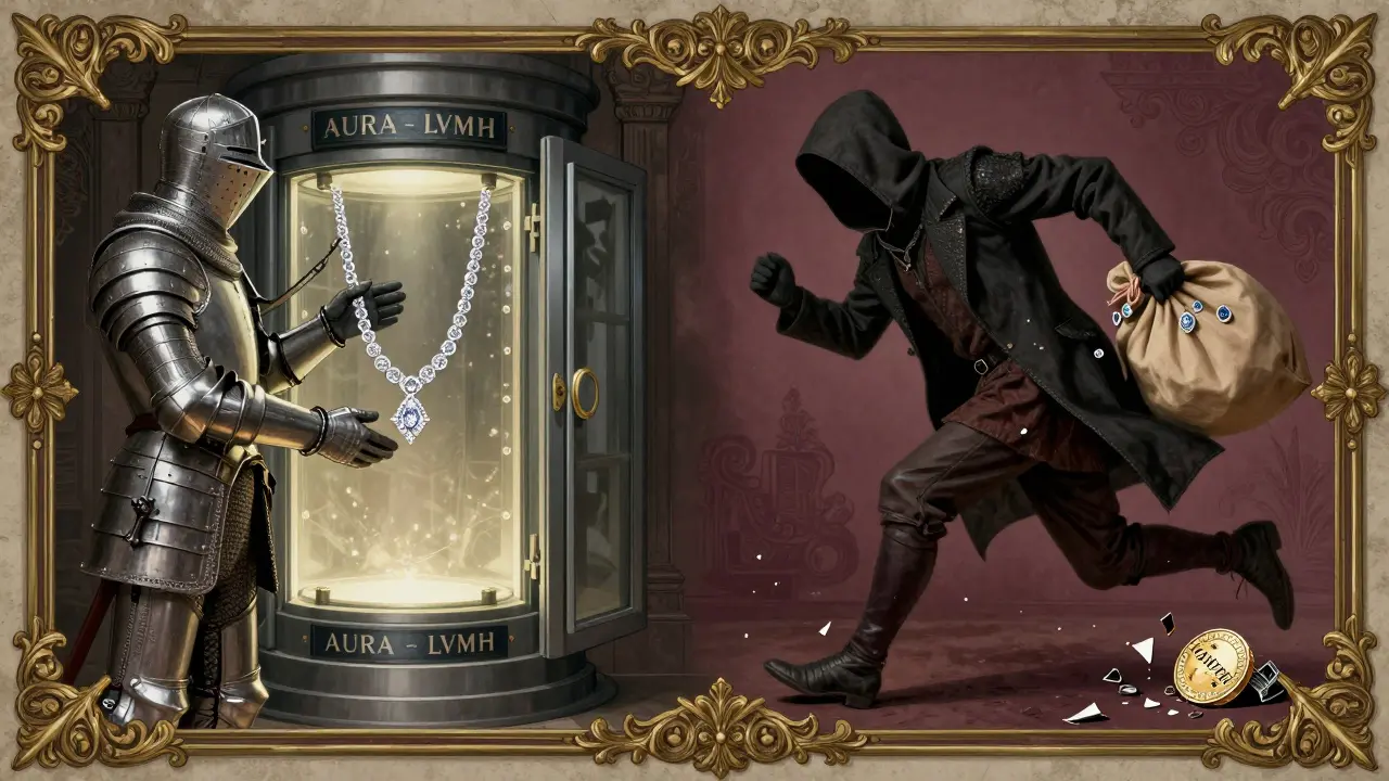 A knight secures a diamond in a blockchain vault while a scammer flees with stolen jewels, a broken token at his feet.
