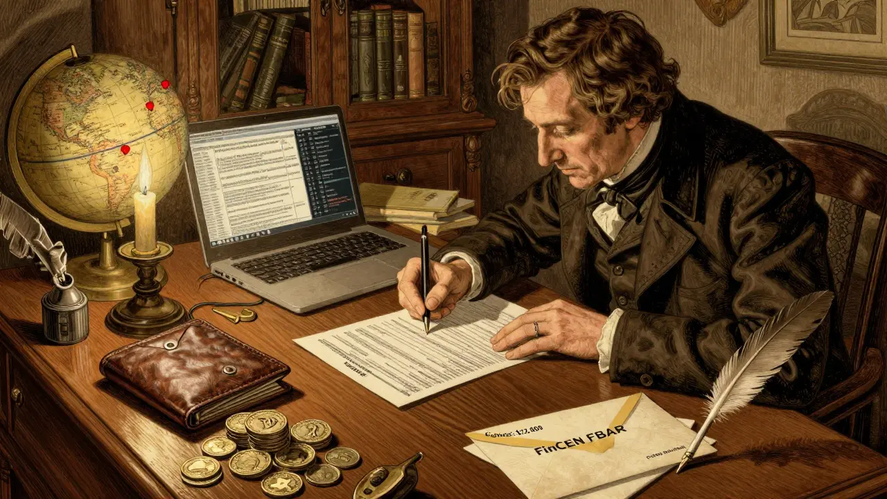 A man filling out FATCA forms at a desk with crypto assets, blockchain data, and global financial markers in Howard Pyle style.
