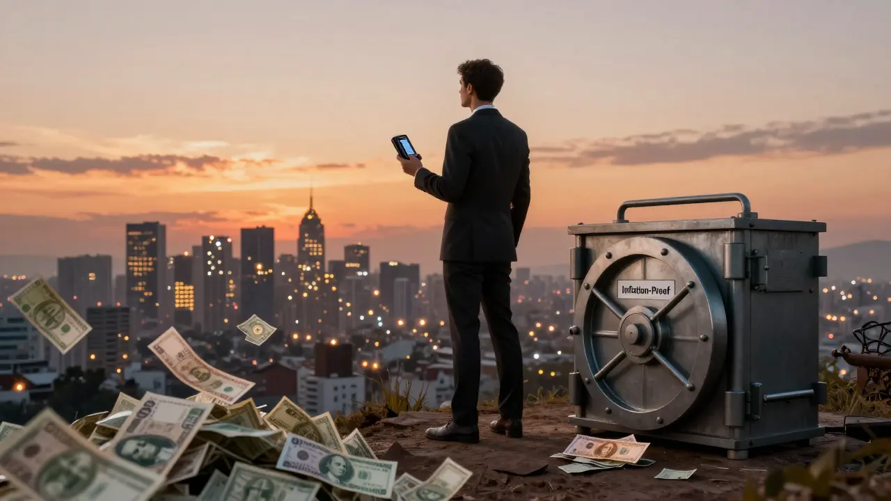 A man in Mendoza holds Bitcoin as peso bills blow away in the wind, a secure vault beside him under a twilight sky.