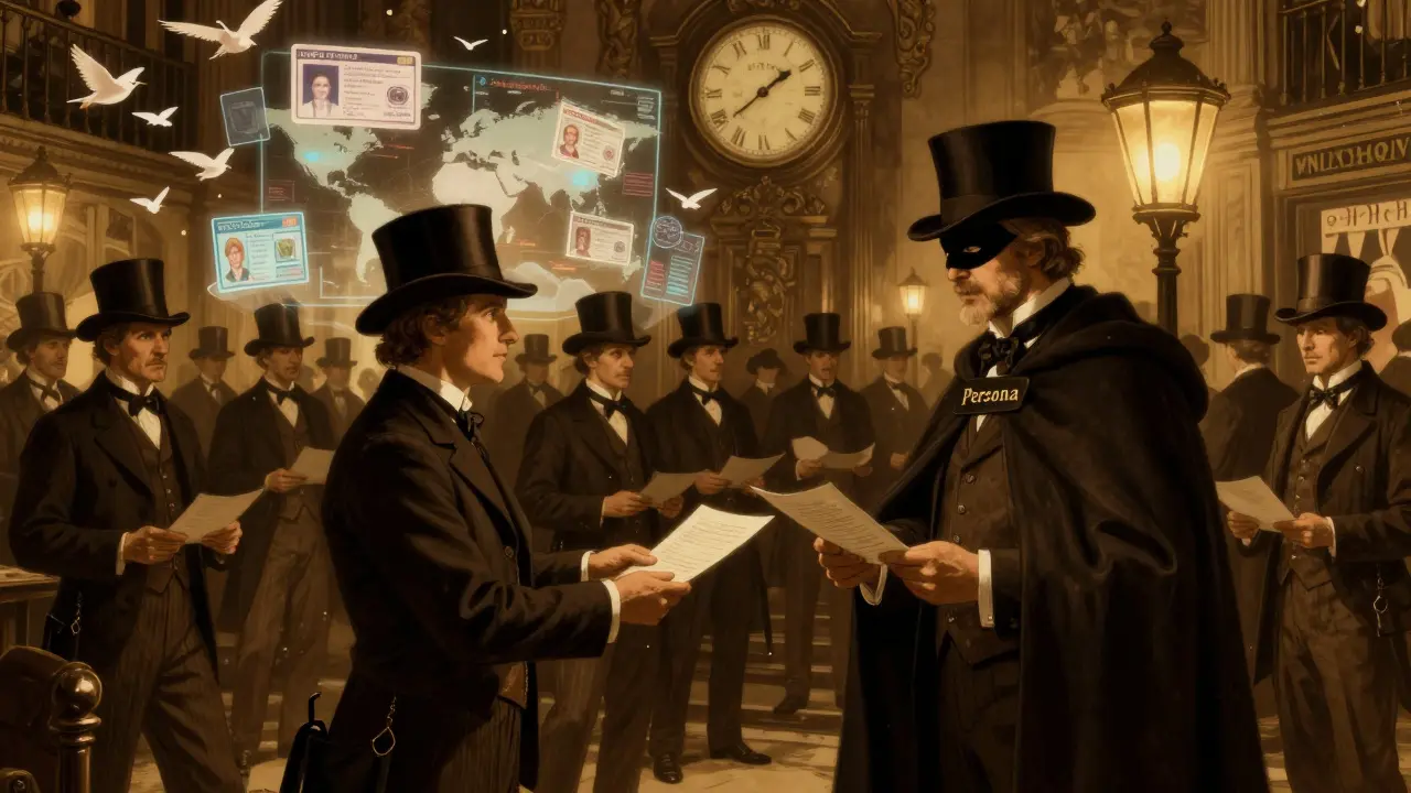 A masked figure processes global IDs in a vintage exchange hall with floating document birds.