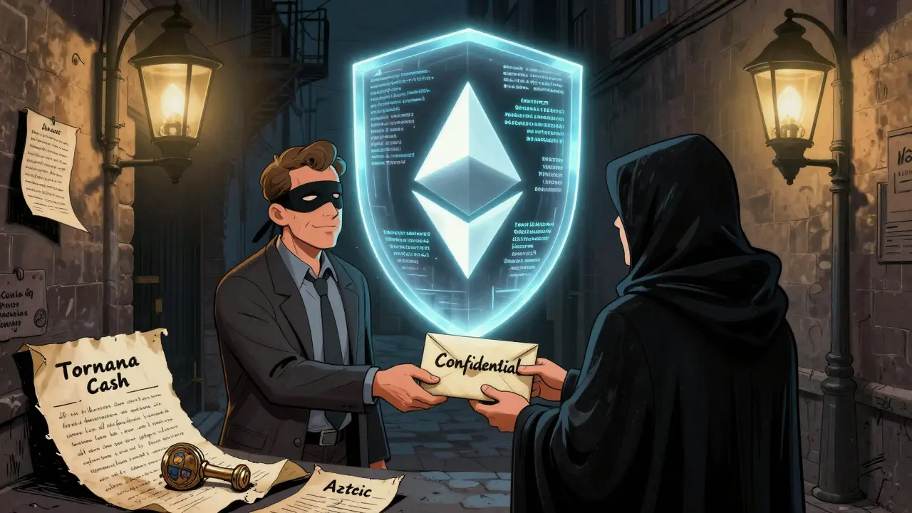 A masked journalist passes a sealed envelope to a recipient under a gaslamp, while a cryptographic shield hides the transaction from a glowing Ethereum chain.