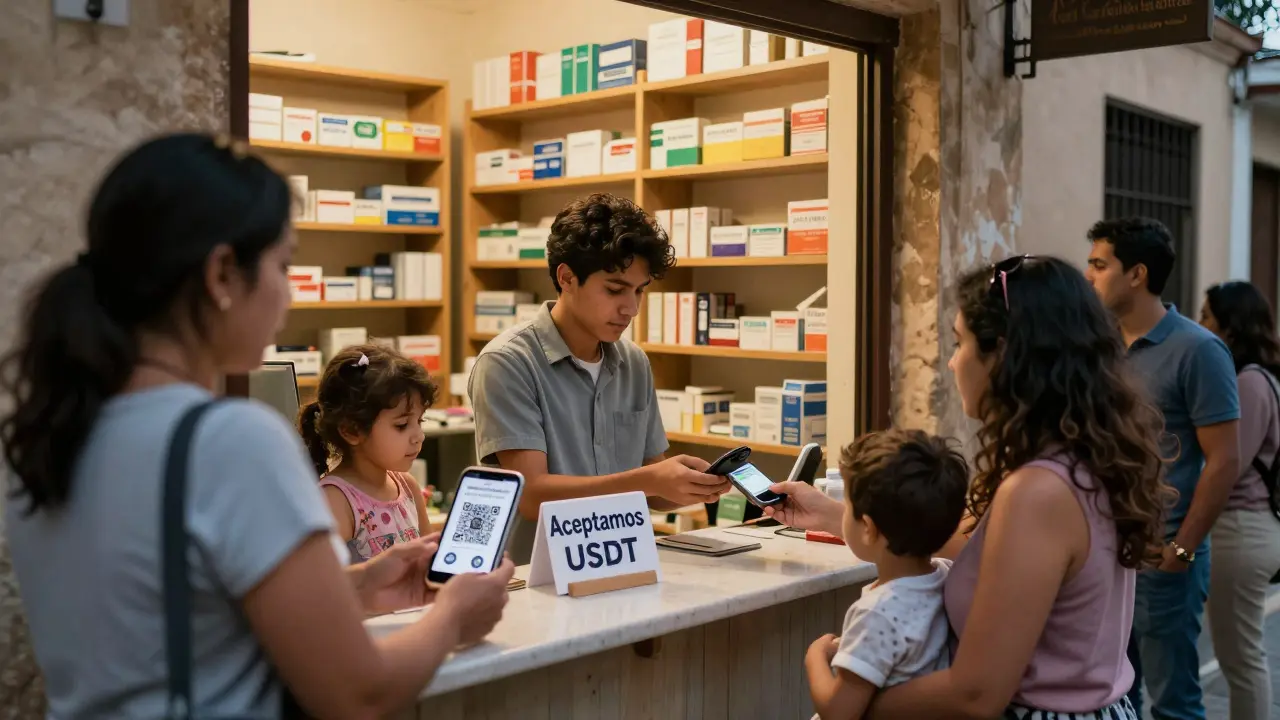 A small pharmacy in Argentina accepts stablecoin payments, customers paying with digital wallets under a warm evening glow.