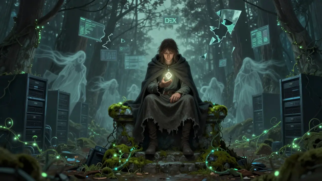 A solitary figure holds a fading WAG token amid ghostly traders and broken digital interfaces in a forgotten forest.