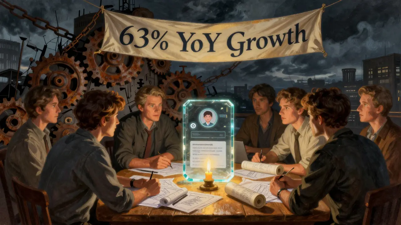 A startup team watches a verification succeed as a rival company crumbles behind them.