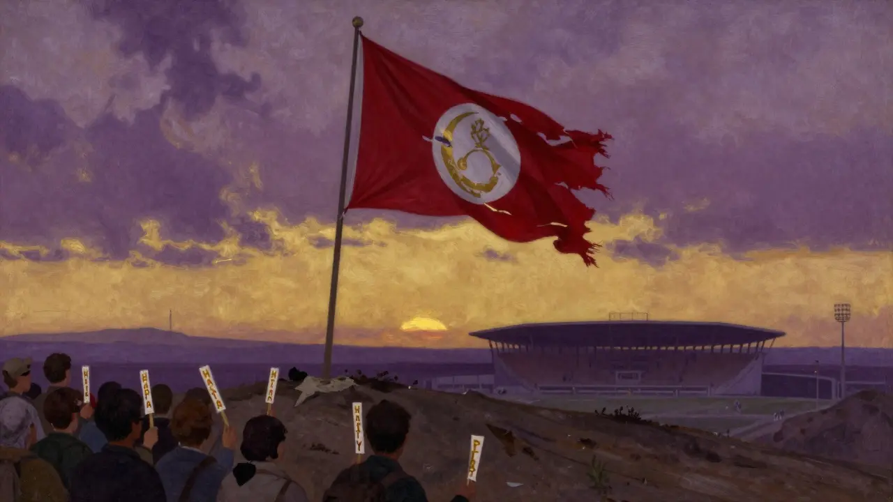 A tattered Hatayspor flag on a hilltop as fans hold HATAY tokens like candles in a solemn procession.