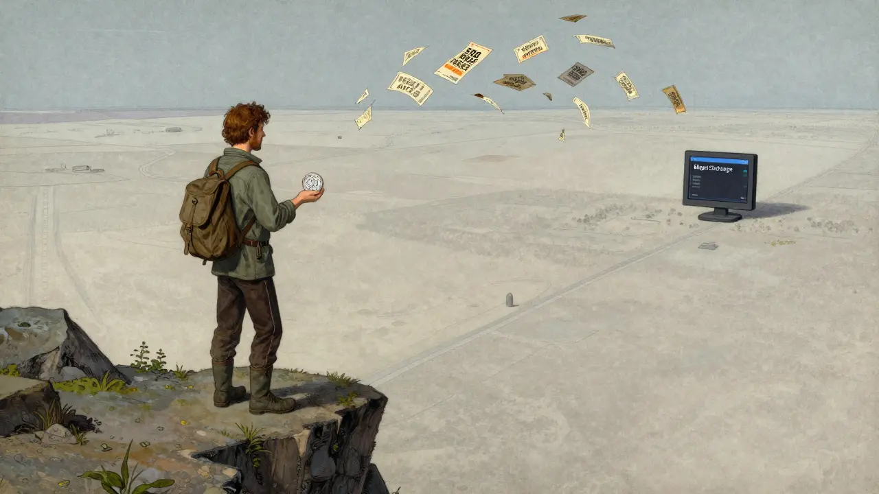 A trader on a cliff holding a SCIX token, overlooking a barren digital landscape with only Bitget visible.