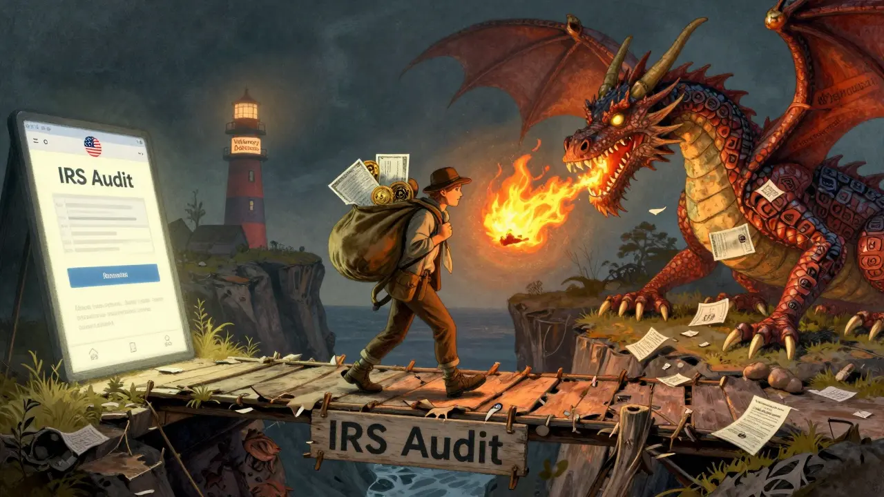 A traveler crossing a bridge over an audit chasm, carrying crypto satchel, with a blockchain dragon and disclosure lighthouse in background.