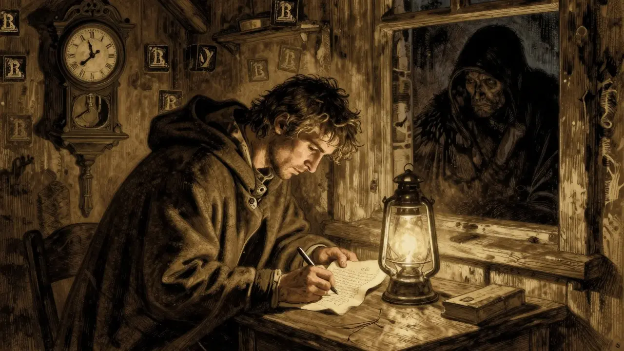 A traveler signs a state update by lantern light as a shadow watches, with a block-counting clock in the background.