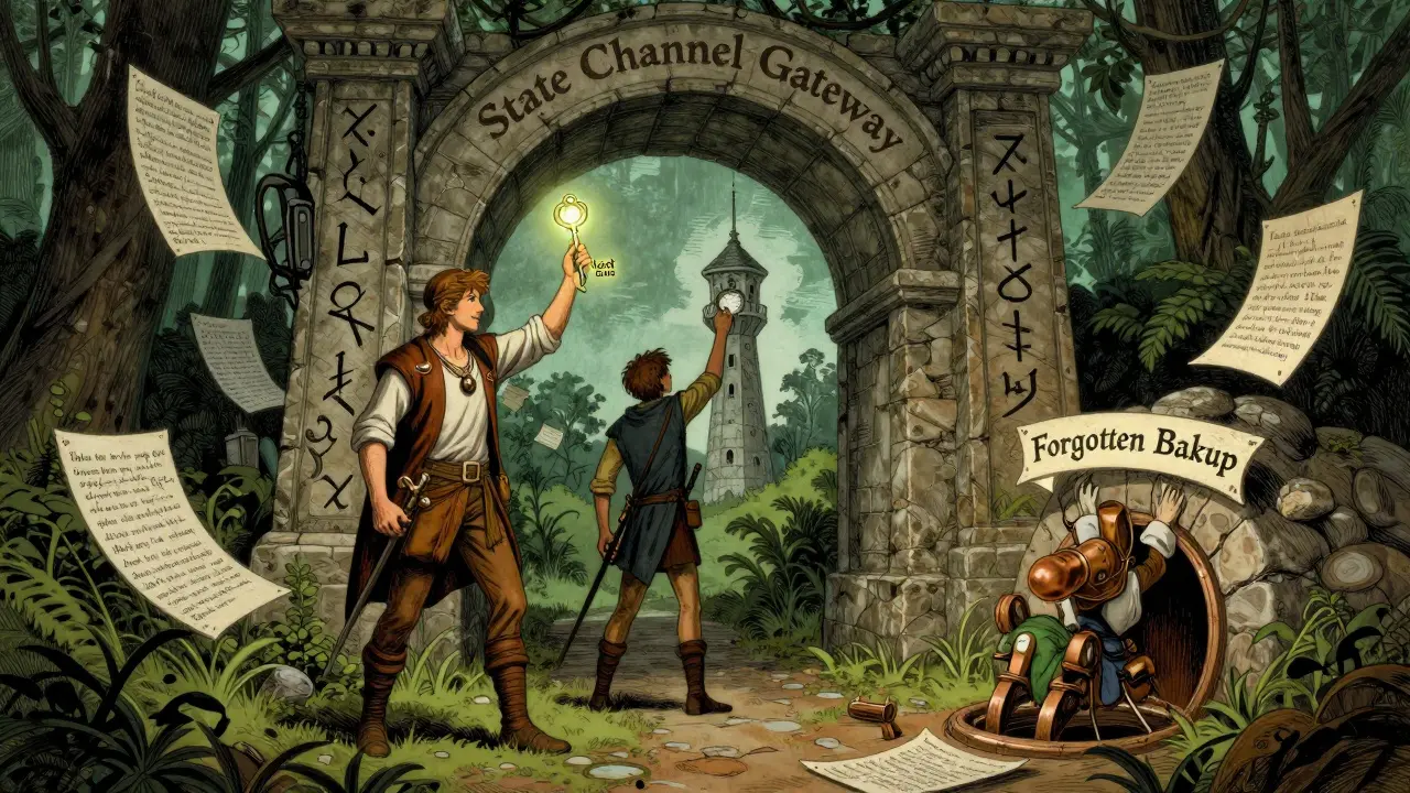 Adventurers approach a gateway guarded by a watchtower, one holding the latest state key while avoiding a hidden trap.