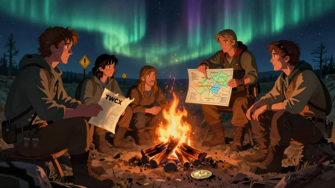 Adventurers gather around a campfire, examining a faded TWCX flyer, while a map shows safe exchanges as glowing beacons in a dark landscape.