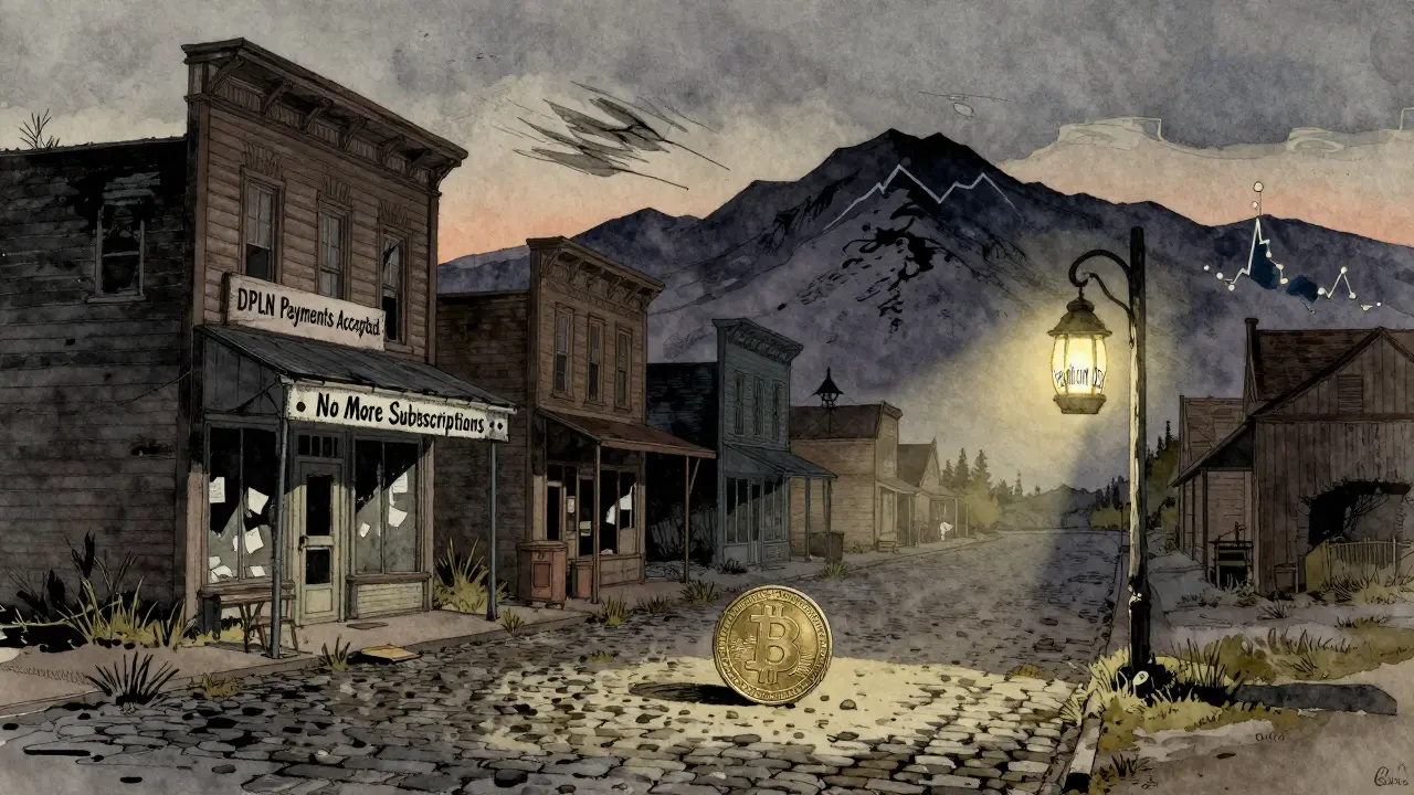 An abandoned town with faded DPLN signs, a single coin rolling down empty streets under a dim DEX lantern.